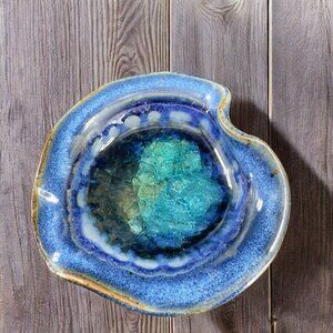 Vintage USA Pottery Crystalline Glaze Glass Center Heart Shaped Trinket Dish